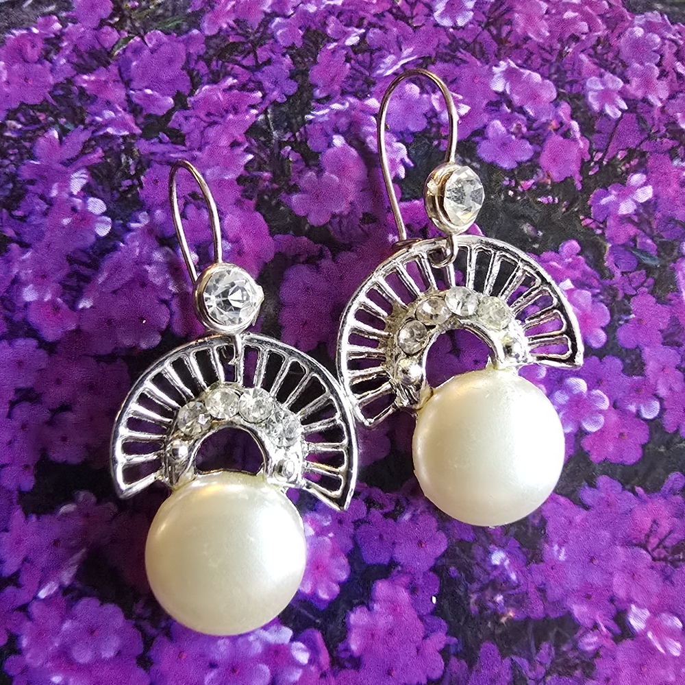 Earrings white faux pearl silver tone bridal classic bride